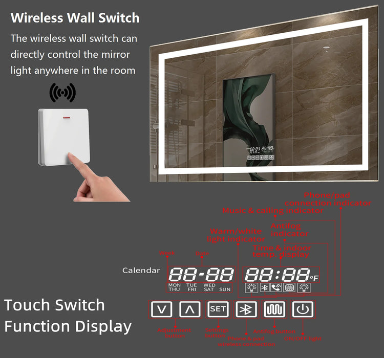 Smart LED Vanity Bathroom Mirror Wall Mounted Anti-Fog Dimmable Makeup Mirrors BackLight Home Decorative Mirror With Bluetooth