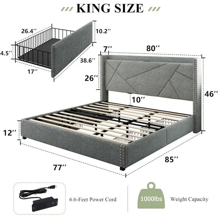 Bed frame with 4 storage drawers, upholstered platform bed frame, solid wood slats support, no need for box spring platform bed