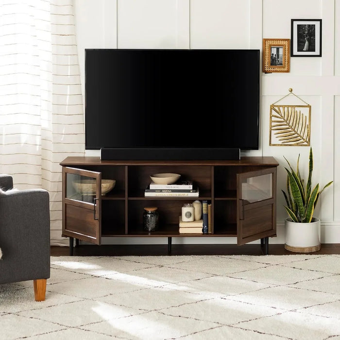 Modern Farmhouse Wood and Glass TV Stand with 2 Cabinet Doors for TV's up to 65" Flat Screen Universal TV Console, Dark Walnut