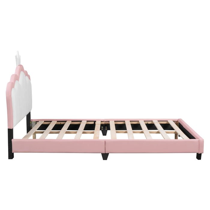 [Flash Sale]Full/Twin Size Upholstered Princess Bed With Crown Headboard&Footboard PU Platform Bed Frame White+Pink[US-W]