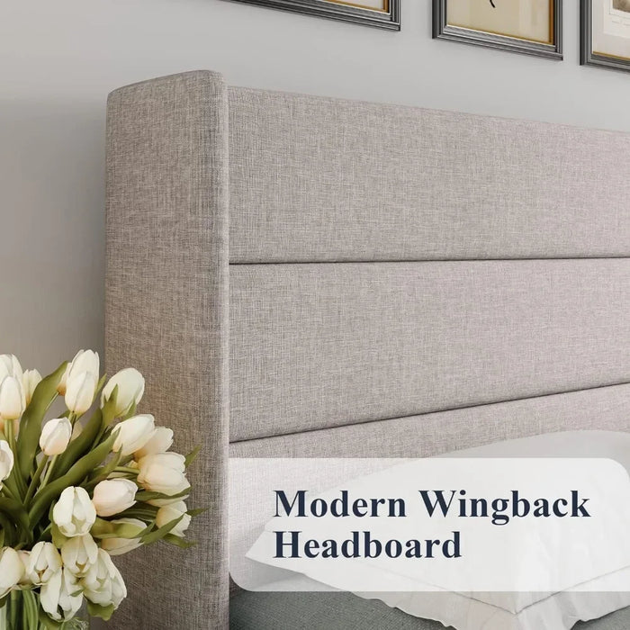 Bed frame large lift storage bed, no springs required, easy assembly, hydraulic storage, modern wing back headboard