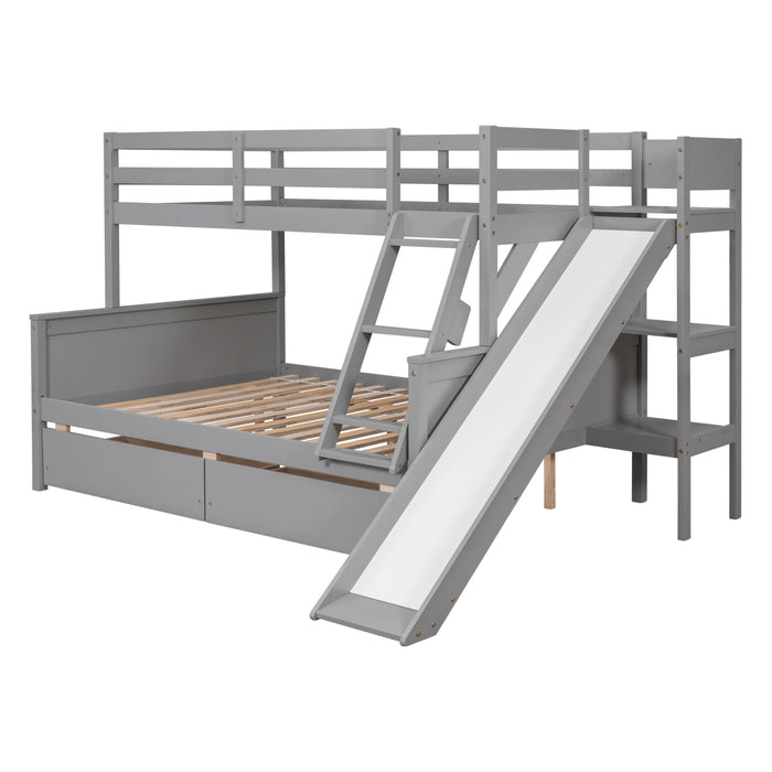 L-Shaped Twin over Full Bunk Bed with Twin Size Loft Bed 2 Drawers Built-in Desk Slide Shelves