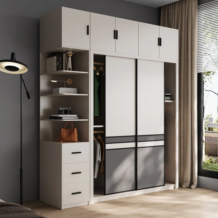 Light luxury wardrobe modern simple solid wood multilayer sliding door large wardrobe household bedroom Nordic moving door cabin