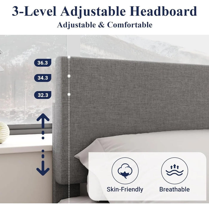 King Size Platform Bed Frame With Adjustable Upholstered Headboard Easy Assembly Heavy Duty Mattress Foundation Noise-Free Home
