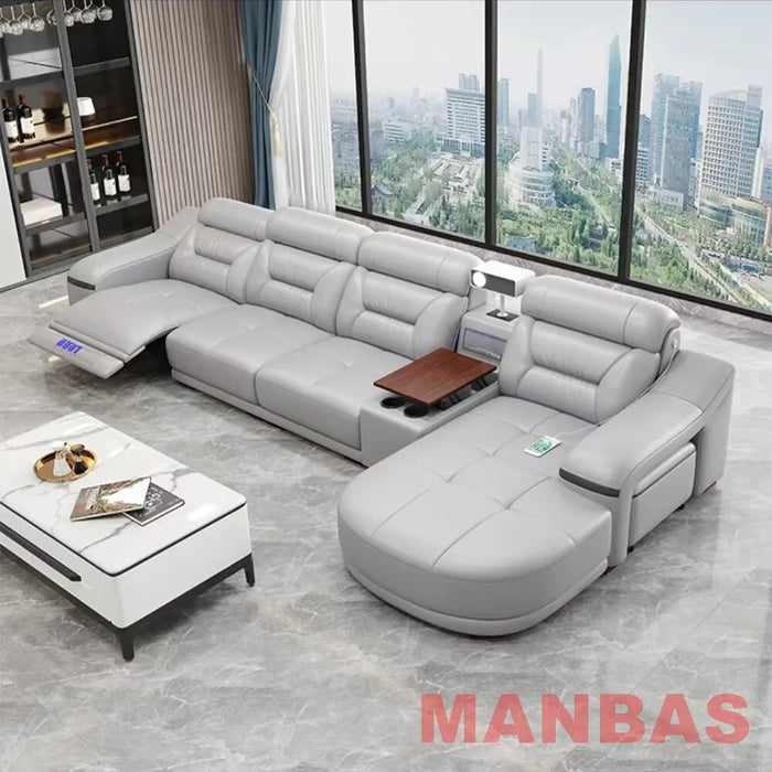 Italian Genuine Leather Sectional Sofa Set with Electric Recliner, Bluetooth Speaker and Projector By MINGDIBAO Livingroom Couch