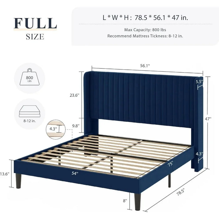 Bed FrameFull-size velvet Bed Frame, vertical groove tufted wingback headboard, sturdy wood slats, blue, upholstered platform be