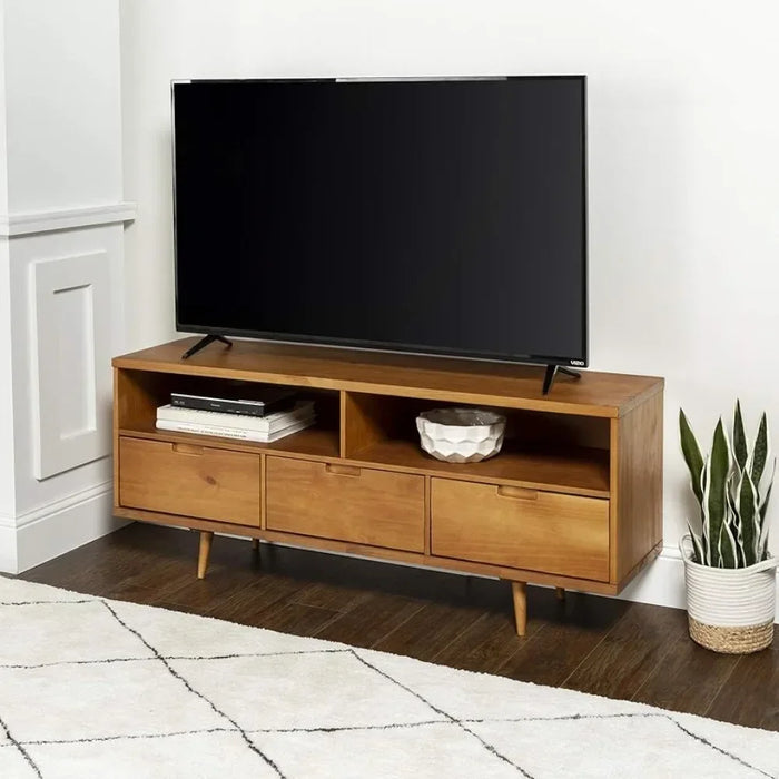 3-Drawer Mid Century Modern Wood TV Stand for TV's up to 65" Flat Screen Cabinet Door Living Room Storage, 58 Inch, Caramel