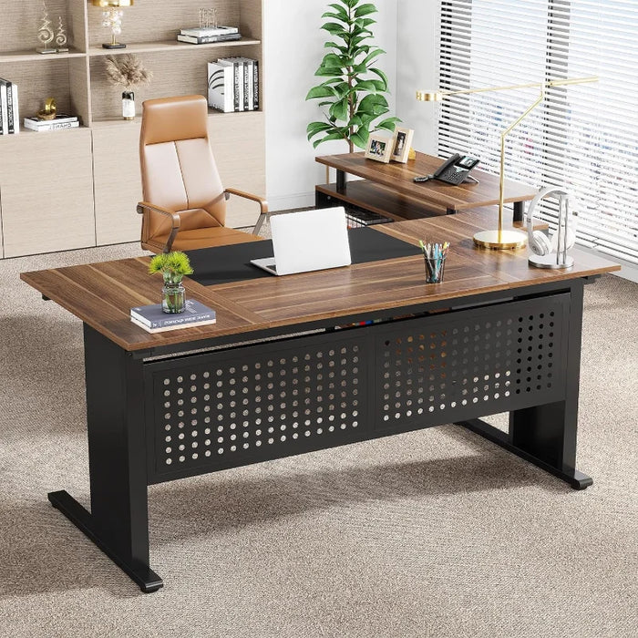 Tribesigns 63 Inch Executive Desk with File Cabinet, Large Office Desk L Shaped Computer Desk with Drawers and Storage Shelves,