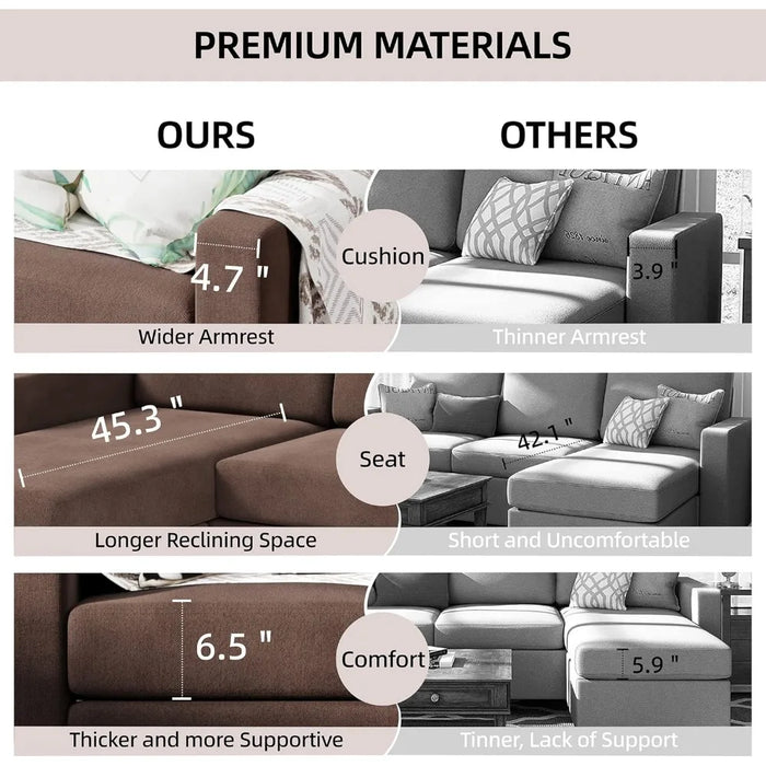 Convertible Sectional Sofa Couch, Modern Linen Fabric L-Shaped 3-Seat Sofa Sectional with Reversible Chaise (Chocolate)