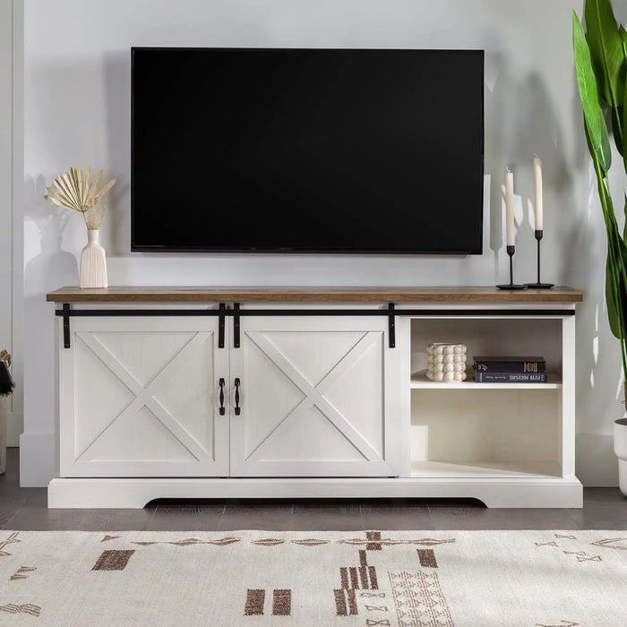 Modern Farmhouse Sliding X Barn Door TV Stand for TVs up to 80 Inches, 70 Inch, Reclaimed Barnwood and Brushed White