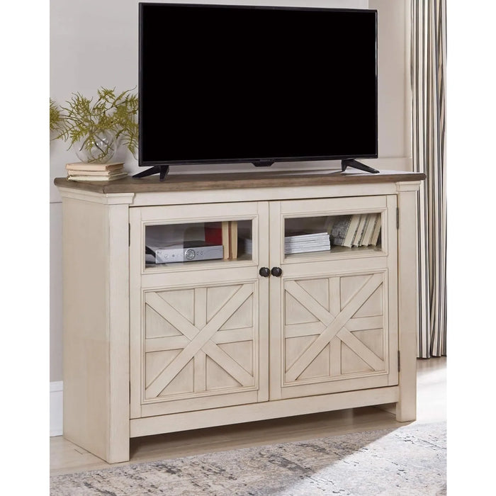 Farmhouse TV Stand Fits TVs up to 48", 2 Cabinet Doors and Adjustable Storage Shelves, Whitewash & Light Brown