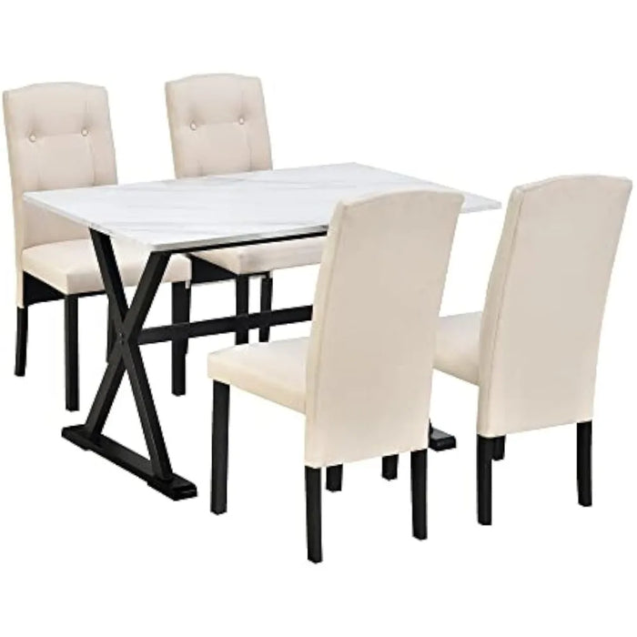 Wood Table Faux Marble White+Beige Folding Furniture Space Savers Classic Design 4 Chairs Dining Table Set Restaurant Tables