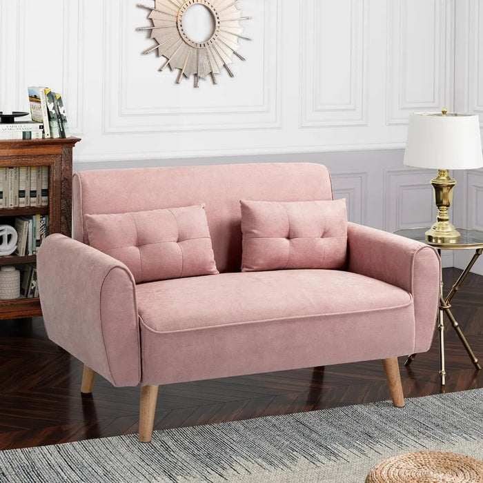 living room sofas 47" Loveseat Wood Sofa with High-Density Sponge Cushion, Mid-Century Modern Design,Pink couch sofas