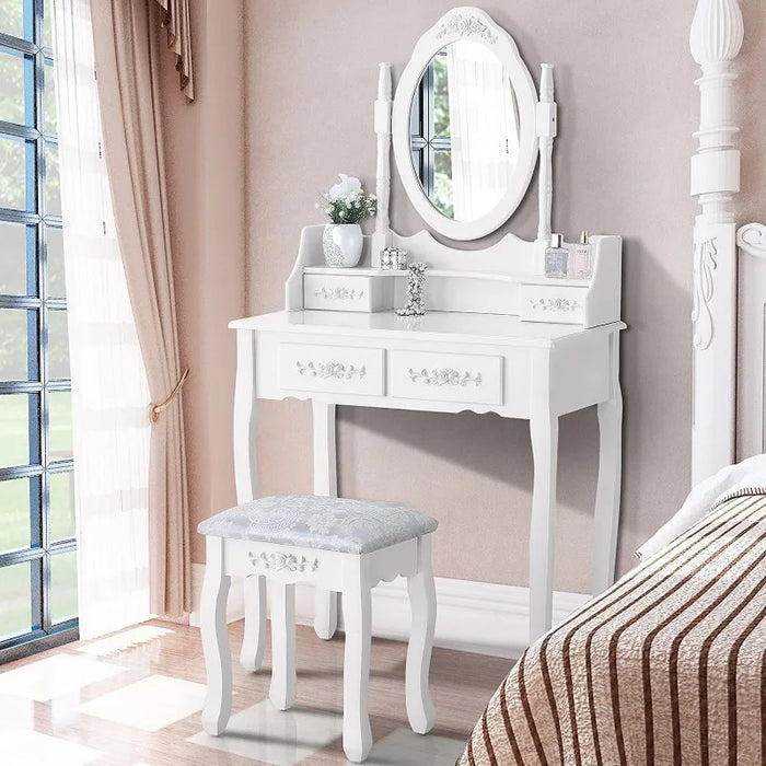 Table Set with 4 Drawer,Bedroom Furniture Set Oval Mirror White