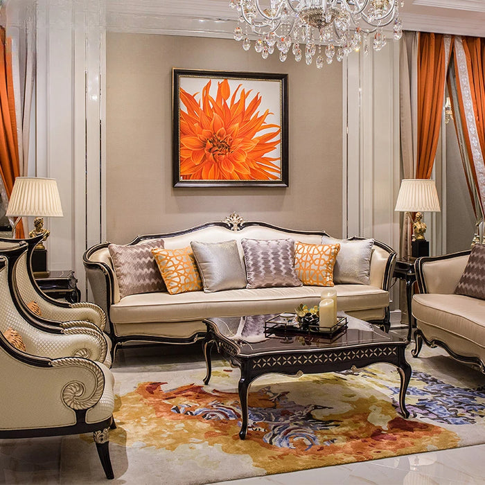 Combination Living Room Furniture Light Luxury Solid Wood Carved New Classical Leather Sofa