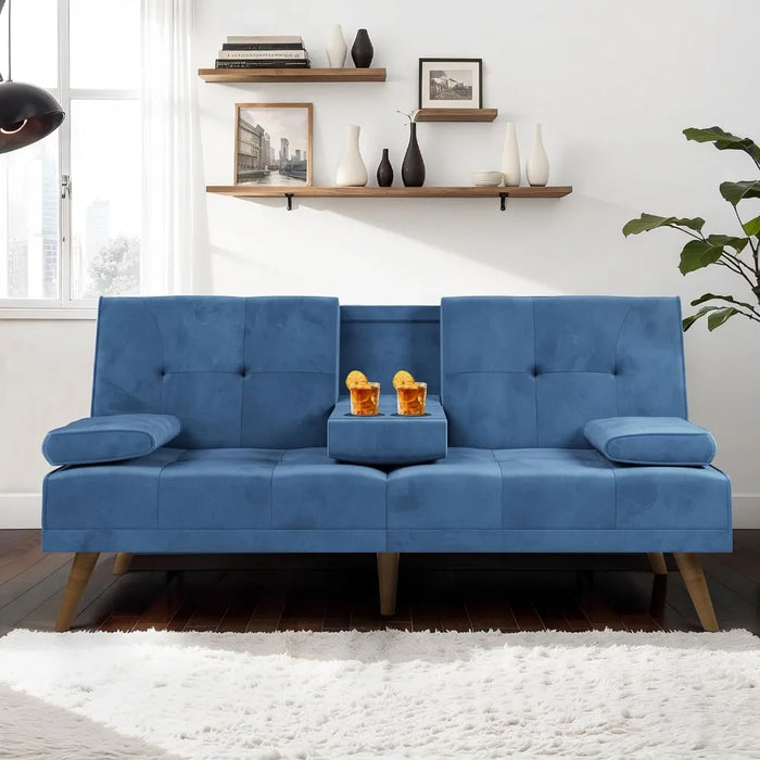 Futon Couch Sofa Bed Convertible Small Loveseat Sleeper with Cup Holder&Wood Legs&Removable Armrests,Small Spaces,Living Room