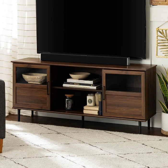 Modern Farmhouse Wood and Glass TV Stand with 2 Cabinet Doors for TV's up to 65" Flat Screen Universal TV Console, Dark Walnut