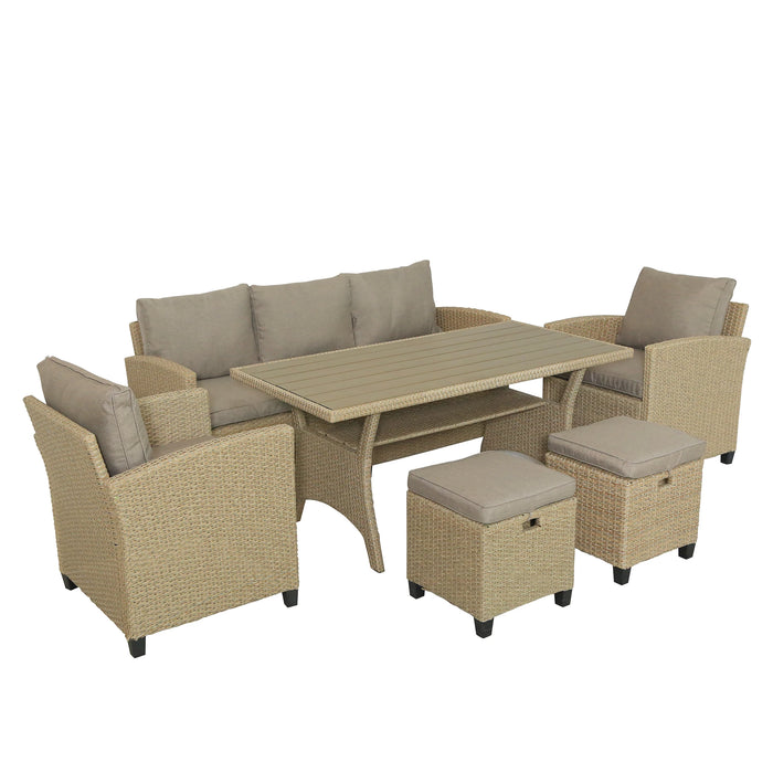 6 Piece Patio Furniture Set Outdoor Rattan Wicker Set Patio Garden Backyard Sofa, Chair, Stools and Table