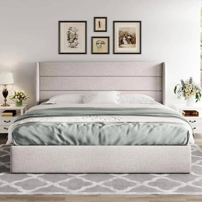 Bed FrameLarge lift storage bed, modern wingback headboard, no springs required, easy to assemble, hydraulic storage