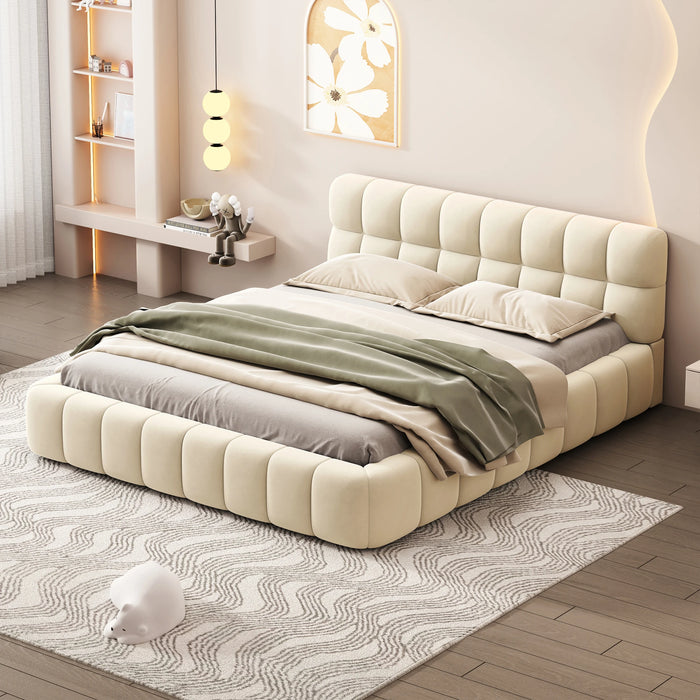 [Flash Sale]Queen Size Upholstered Platform Bed with Thick Fabric Grounded Bed with Solid Frame Beige/Gray[US-W]