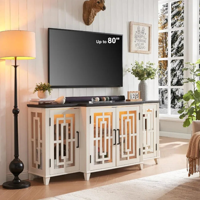 3-Sided Glass Fireplace TV Stand for 75 Inch TV w/LED Light, Farmhouse Highboy Entertainment Center w/26in Electric Fireplace
