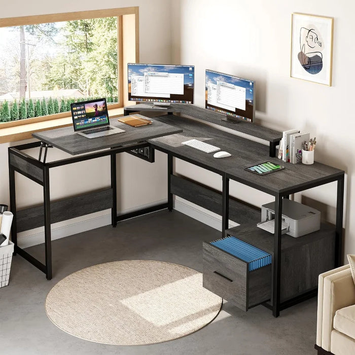L Shaped Desk with File Drawer, 65" Large Computer Corner with Lift Top, Standing Desk Height Adjustable with