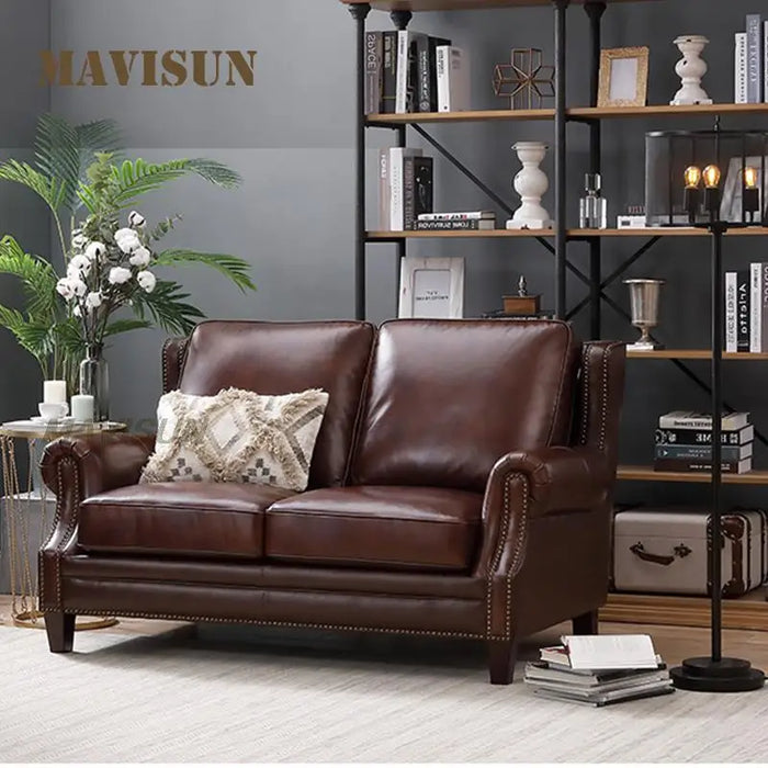 Leather First Layer Cowhide Solid Wood Sofa Combination Light Luxury Canape Living Room Small Apartment Classic Retro Couch
