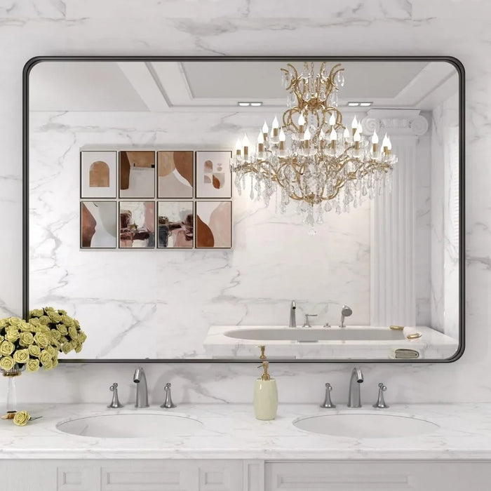 Shower mirror 48X32 Inch Black Metal Framed Bathroom Mirror for Wall, Large Rounded Rectangle Mirror, Anti-Rust, Tempered Glass,
