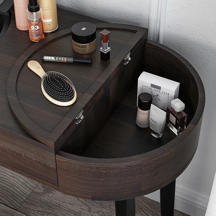 Elegant Vanity: Dressing Table and Stool Set. Ornate Makeup Table with Mirror, Rotating Drawers, and Concealable Mirrors