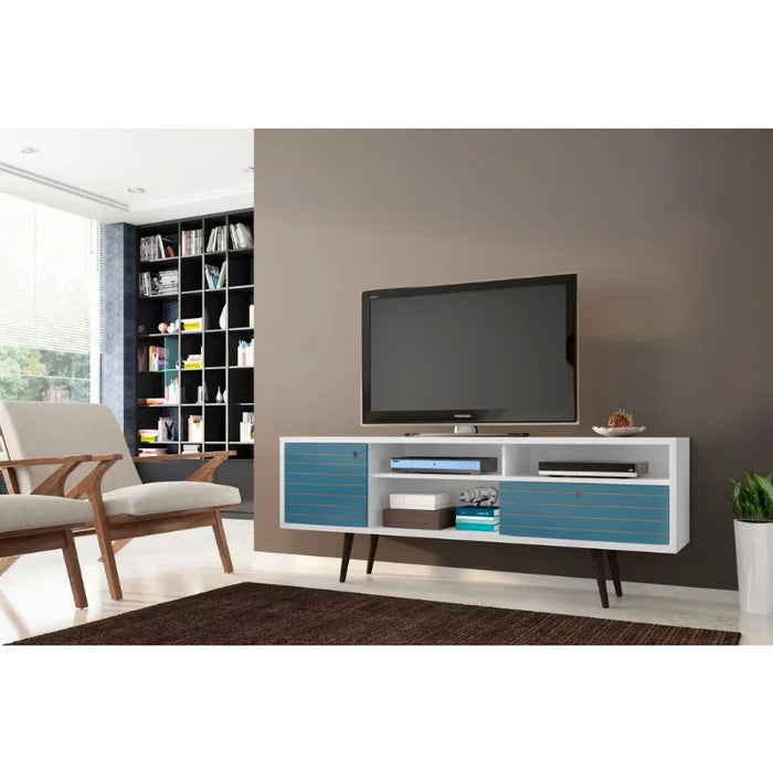 70.86" Mid Century - Modern TV Stand with 4 Shelving Spaces and 1 Drawer, Brown living room furniture  tv stand cabinet