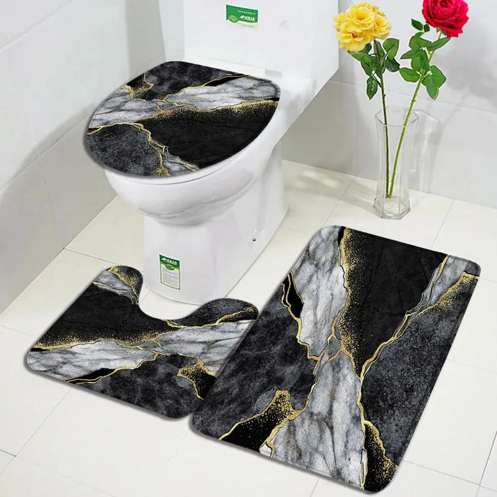 Abstract Blue Marble Bath Mats 3pcs Set Creative Gold Line Geometric Flannel Carpet Bathroom Decor Rug Non-Slip Toilet Cover Mat