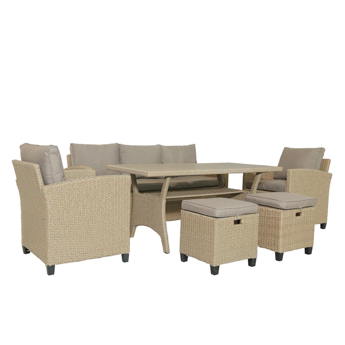 6 Piece Patio Furniture Set Outdoor Rattan Wicker Set Patio Garden Backyard Sofa, Chair, Stools and Table