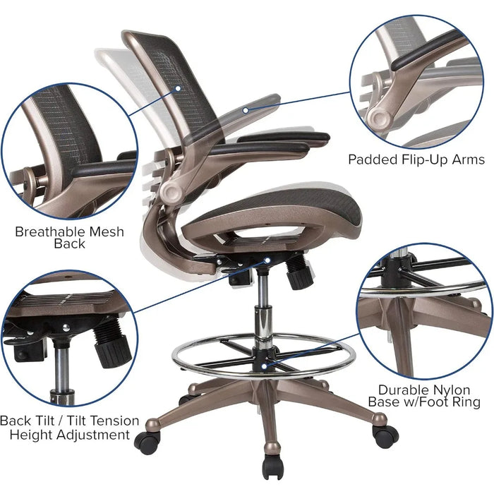 Mid-Back Transparent Black Mesh Drafting Chair With Melrose Gold Frame and Flip-Up Arms Freight Free Office Furniture Desk