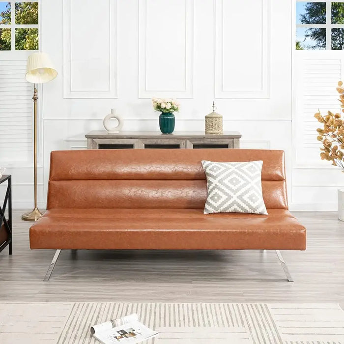 Faux Leather Classic Futon Sofa Bed, Pull Out Sofa Bed Couch with Metal Legs, Reclining Folding Small Couch Bed