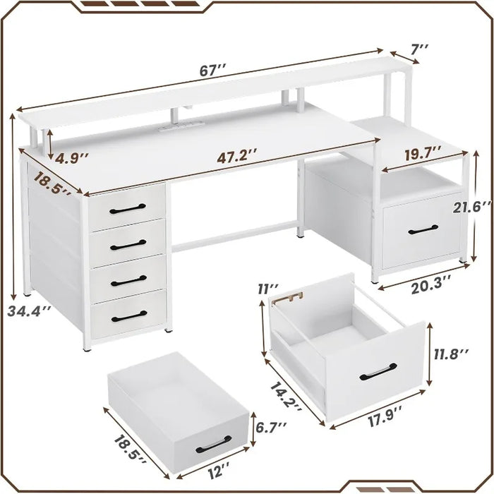 SEDETA Computer Desk with 5 Drawer & Power Outlet 66'' Home Office Desk with File Drawer Storage Shelves with Led Lights US