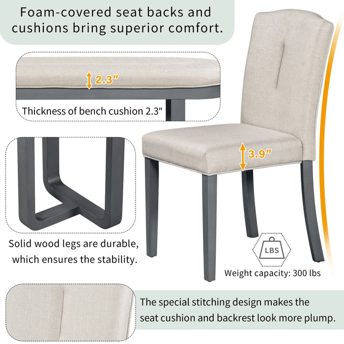 6-Piece Retro Dining Set with Dining Table, 4 Upholstered Chairs,Bench with Cushions for Dining Room,Gray/Beige