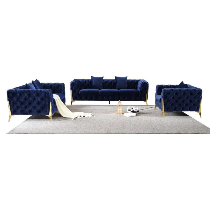 Blue Elegant Velvet Living Room Sofa Set, 3 Pieces Upholstered Set, Including Loveseat, 3-Seater Sofa Interior Decoration
