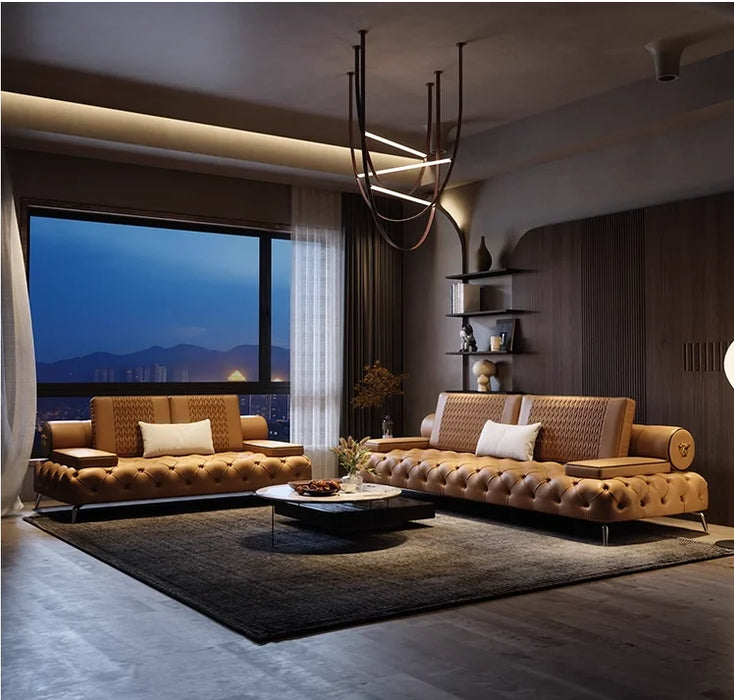 Italian light luxury leather sofa head layer cowhide modern simple straight row sofa living room