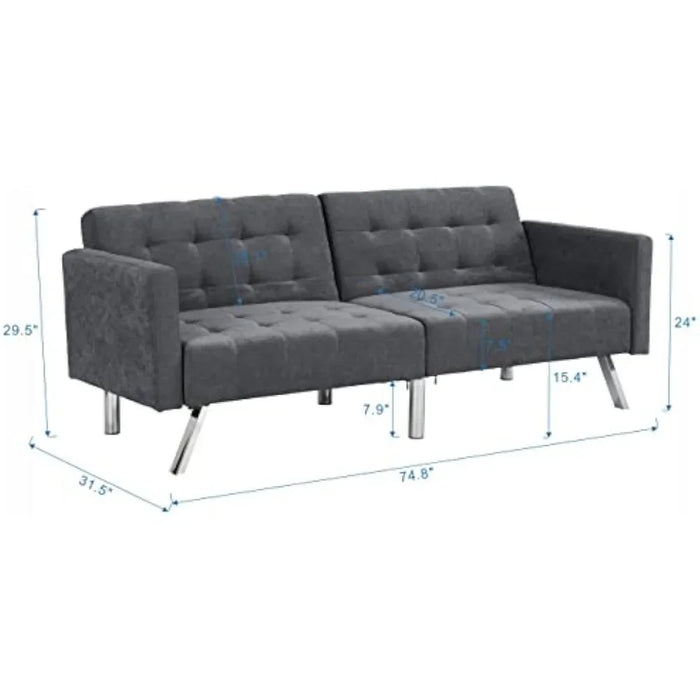 Convertible Folding Futon Sofa Bed Sleeper Lounge Couch for Living Linen Upholstered Loveseat with Armrest, Dark Gray