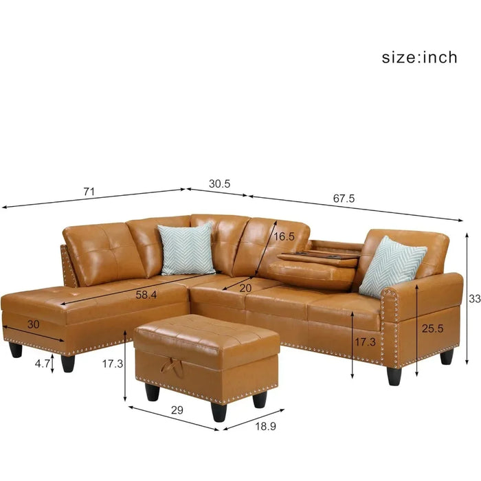 3-Piece Modular R Recliner, L-Shaped Sofa with 2 Cup Holder and Storage Ottoman for Living Room Furniture, Ginger Right