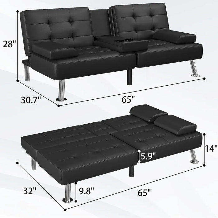 Futon Sofa Bed Modern Faux Leather Couch, Convertible Folding Futon Couch Recliner Lounge  with 2 Cup Holders with Armrest