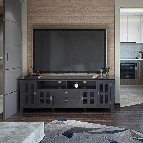 Artisan SOLID WOOD 72 Inch Wide Transitional TV Media Stand in Black for TVs up to 80 Inches, For the Living Room .