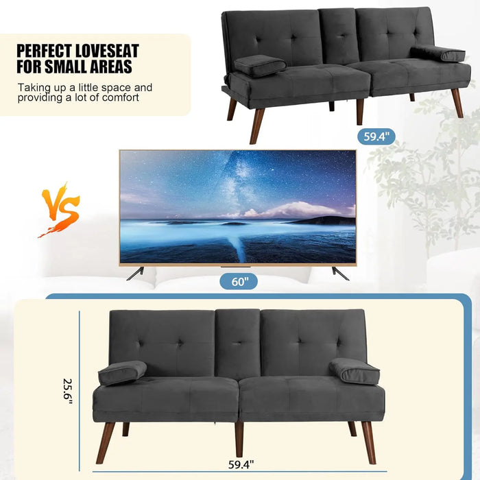 60" Small Loveseat, 3 in 1 Cute Convertible Sofa Bed, Modern Futon Recliner Sleeper w/2 Cup Holder, Upholstered Folding Couch