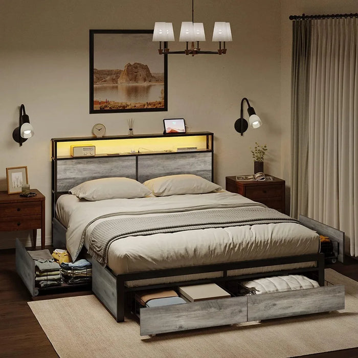Large bedstead with storage headboard and 4 drawers LED light metal anti-skid noiseless mattress, metal Flat noodles support