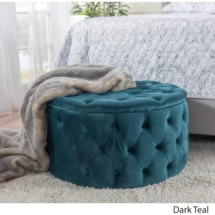 Zelfa Velvet Ottoman Furniture Dark Teal Stool Round Freight Free Hallway Living Room Home