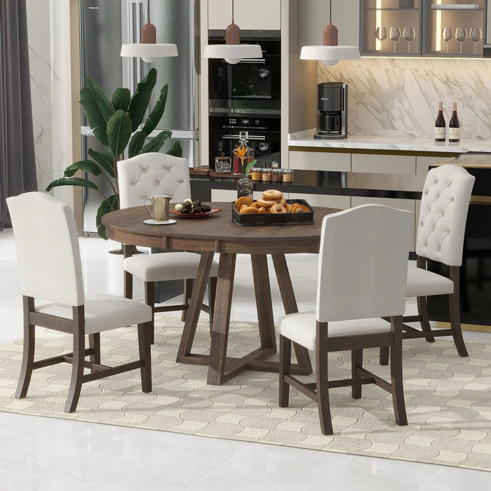 5-Piece Retro Dining Set, Round Table with a 16"W Leaf and 4 Upholstered Chairs for Dining Room and Living Room (Walnut)
