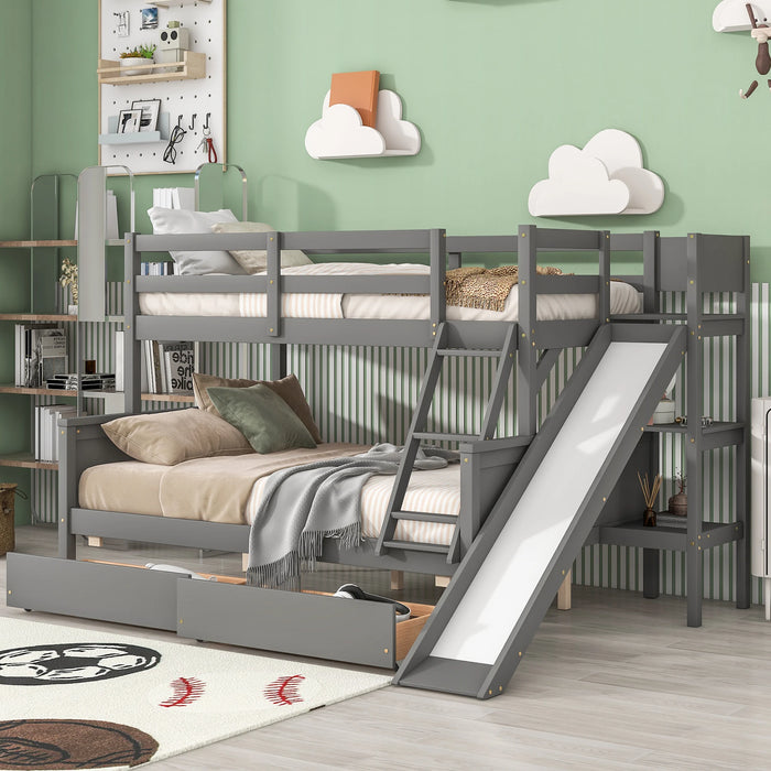 L-Shaped Twin over Full Bunk Bed with Twin Size Loft Bed 2 Drawers Built-in Desk Slide Shelves