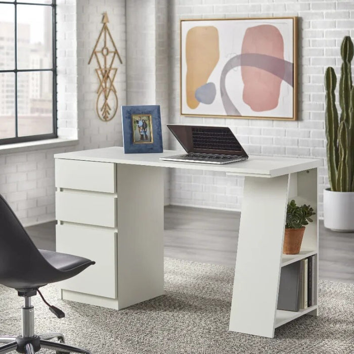Como Writing Desk with 3 Storage Drawers, White computer desk  office desk