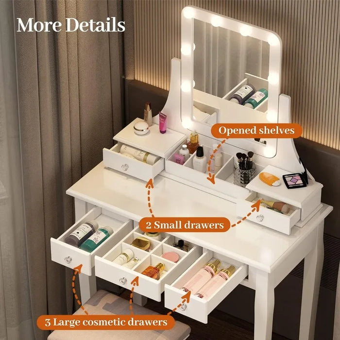 Drawer Table with Lighted Mirror, Makeup Vanity Dressing Table with LED Lights, Storage Shelves Cushioned Stool & 2 Drawers