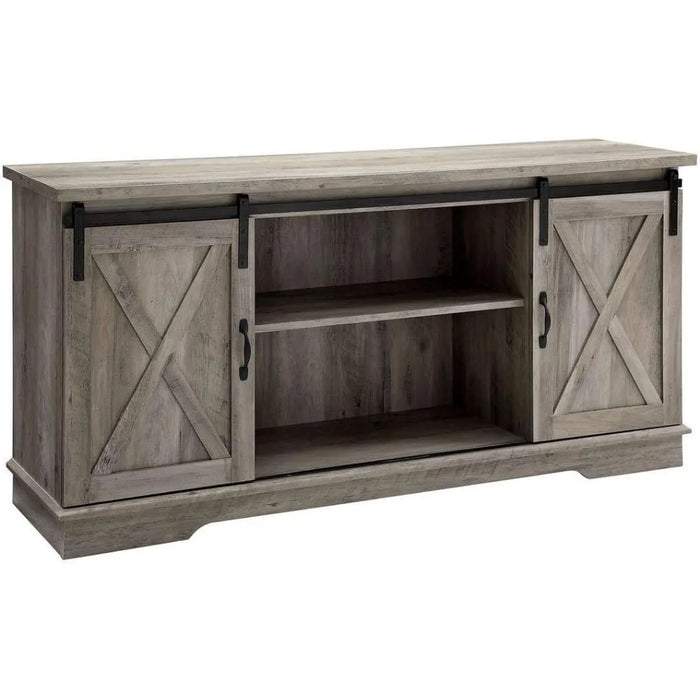 Modern farmhouse sliding barn door TV bracket, suitable for TVs under 65 inches, gray living room storage cabinet TV cabinet
